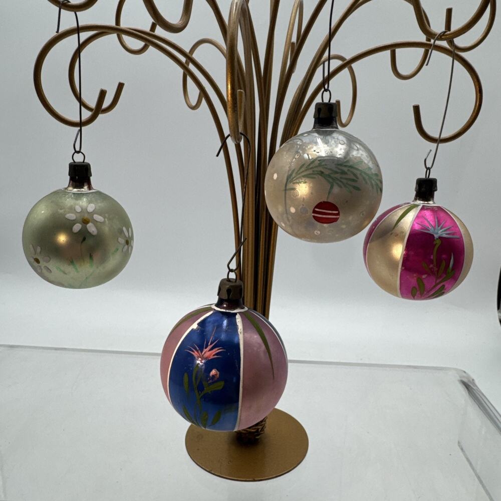 4 Vtg 2” Mercury Glass Flower Striped Pink Blue Round Christmas Ornament Poland